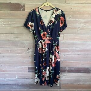 Blue pink floral surplice top dress size small pockets